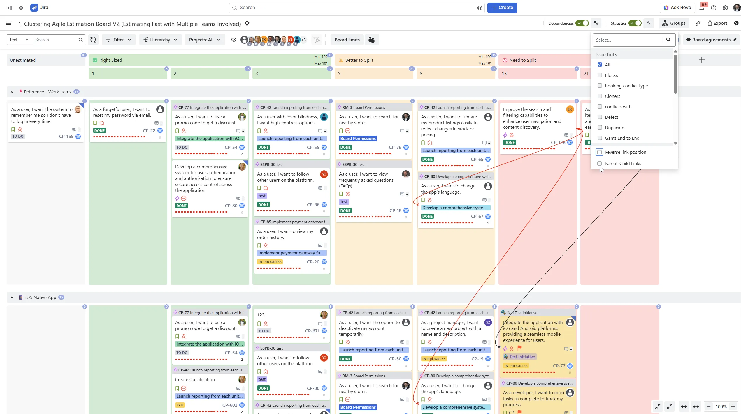 Advanced Kanban & Agile Boards für Jira – Clustering-Board mit Spaltengruppen und Dependency-Links