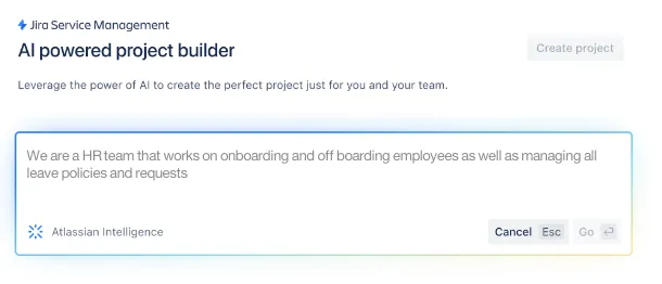 Screenshot: Wie man mit Hilfe von AI ein JSM Projekt anlegen kann