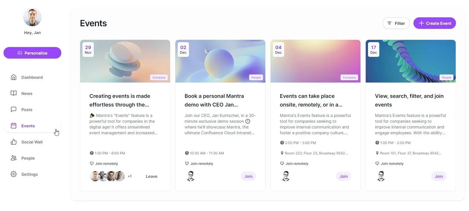 Übersicht kommender Events in Mantra