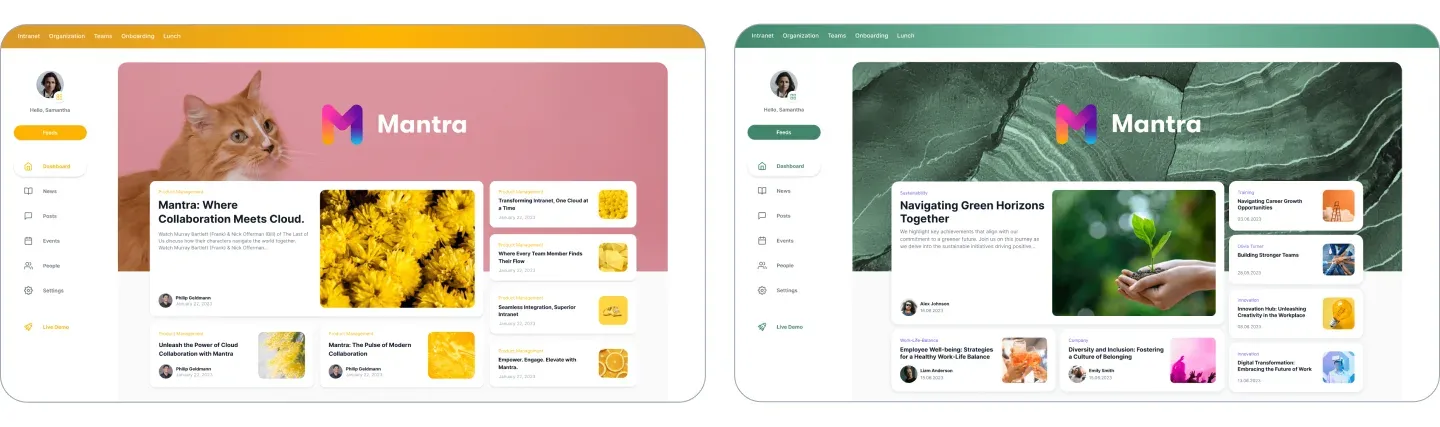 zZwei Screenshot von Mantra in je einer anderen Individualisierung