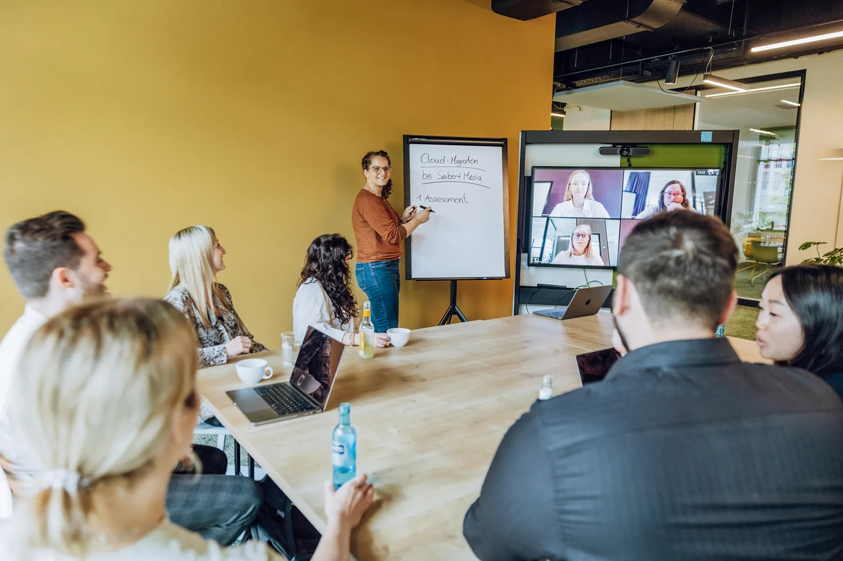A group of people in a meeting room with a yellow wall, watching a presentation on a flipchart. A woman is standing and pointing at the flipchart, while others are seated around a table with laptops. A video conference screen shows remote participants.